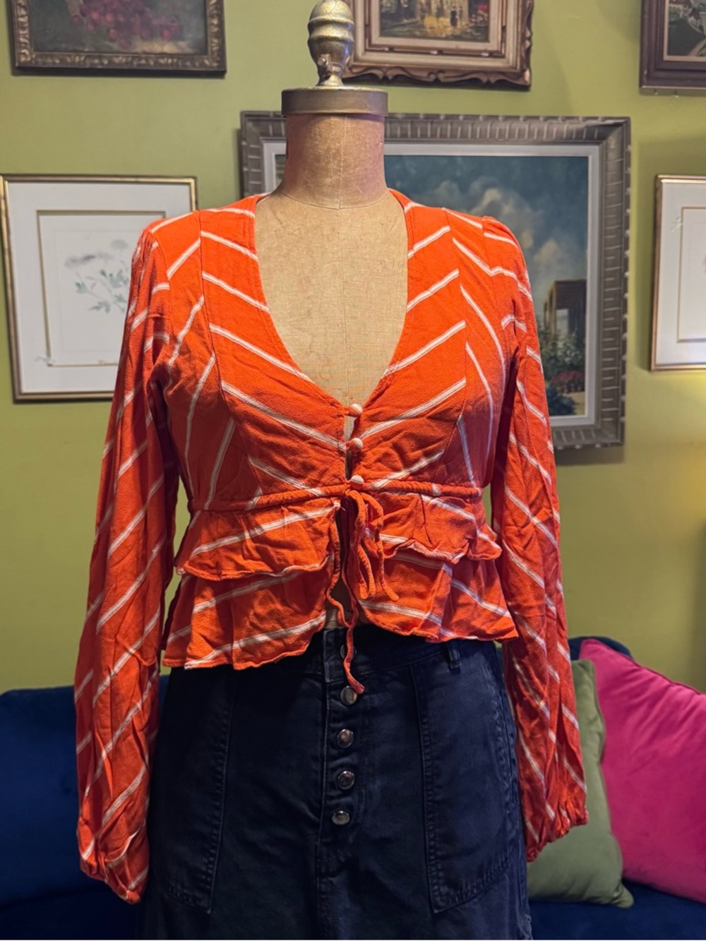 Free people Orange Striped Tie-Front Top